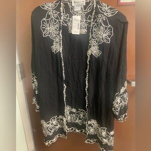 Marcia & Me & Co Black Kimono with Intricate White Floral Embroidered Design